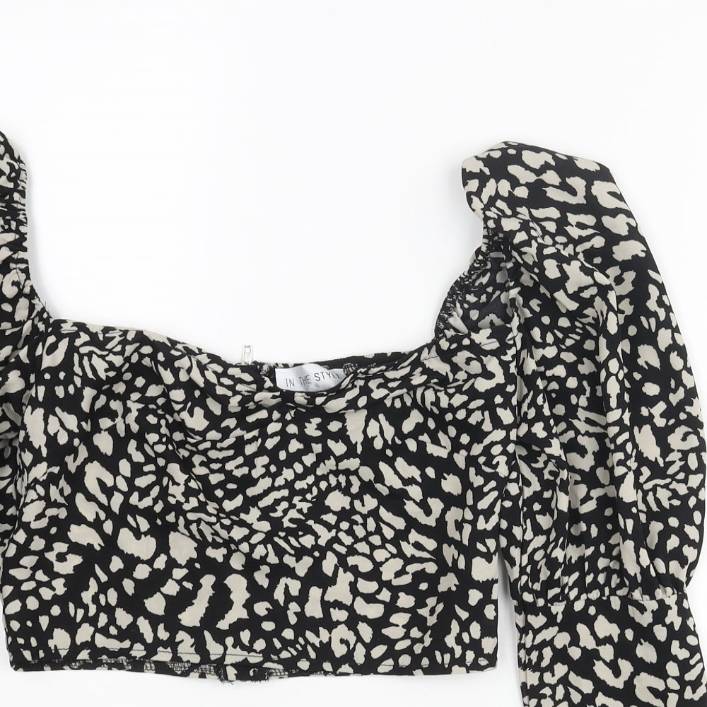 In the Style Womens Black Animal Print Polyester Cropped Blouse Size 8 Sweetheart - Cheetah Print