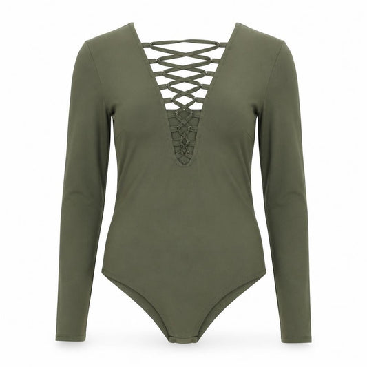 Vera & Lucy Womens Green Polyester Bodysuit One-Piece Size S Snap - Lace Up Front