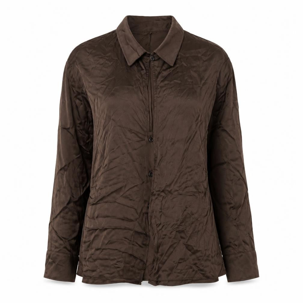 Zara Womens Brown Viscose Basic Button-Up Size L Collared - Keyhole Rouched