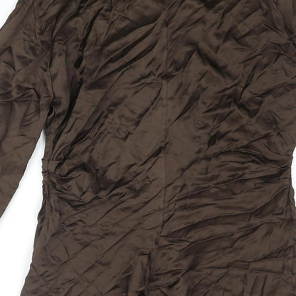 Zara Womens Brown Viscose Basic Button-Up Size L Collared - Keyhole Rouched