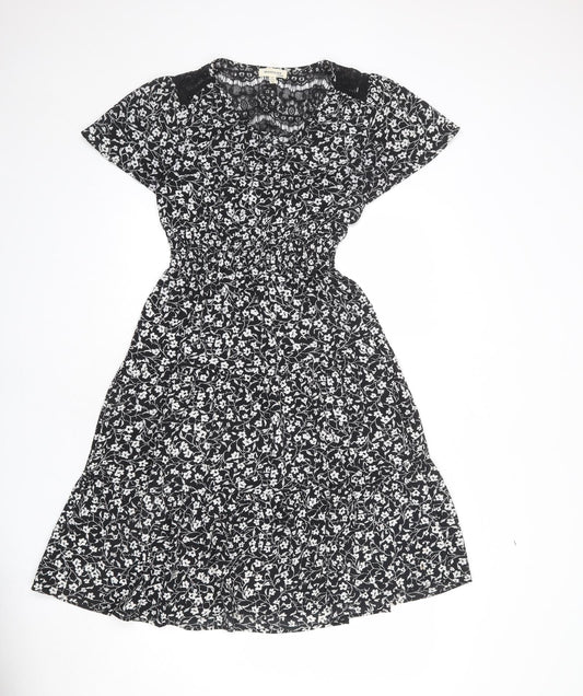 Monteau Womens Black Floral Polyester A-Line Size M V-Neck Pullover - Lace Detail
