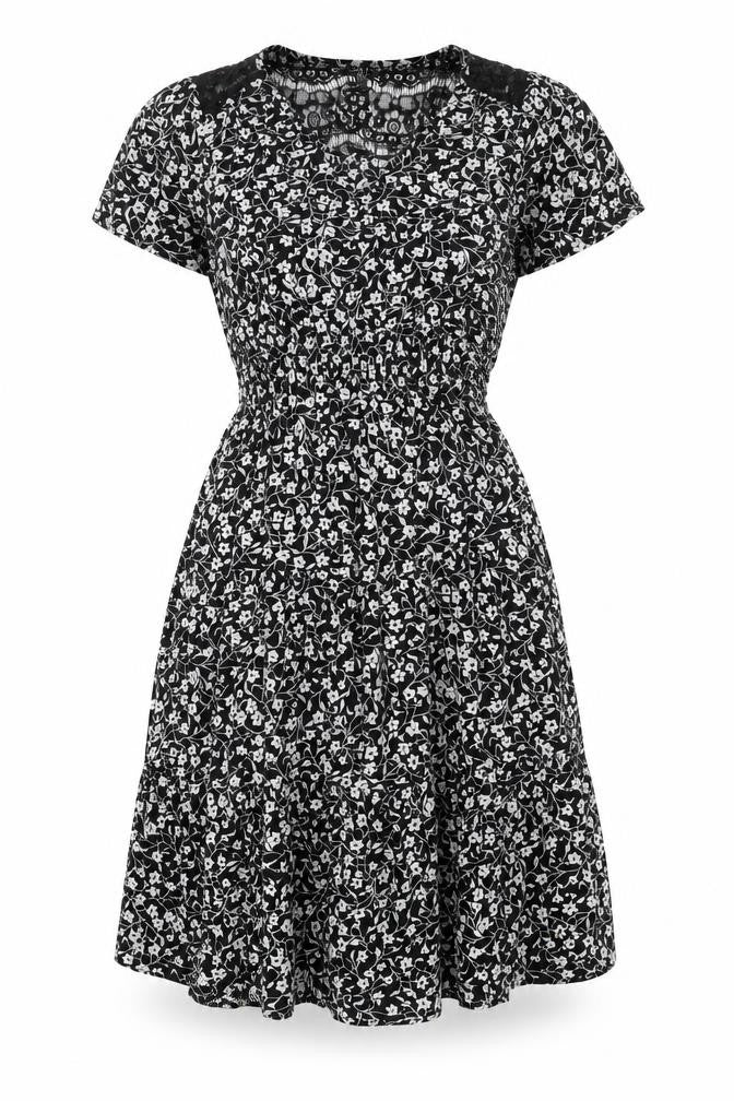 Monteau Womens Black Floral Polyester A-Line Size M V-Neck Pullover - Lace Detail