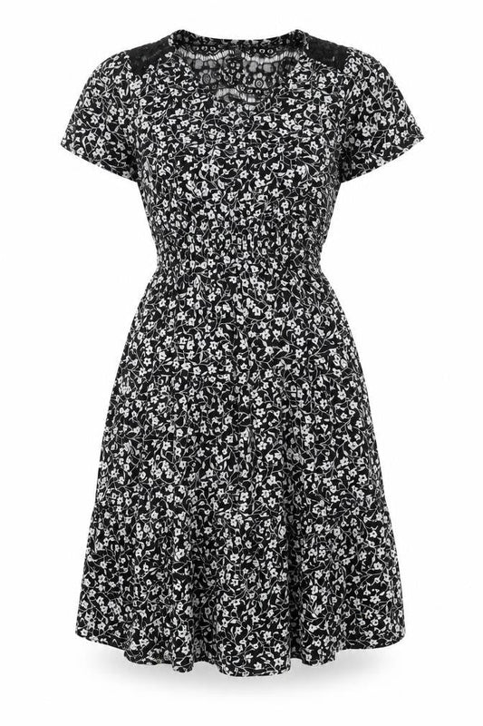 Monteau Womens Black Floral Polyester A-Line Size M V-Neck Pullover - Lace Detail