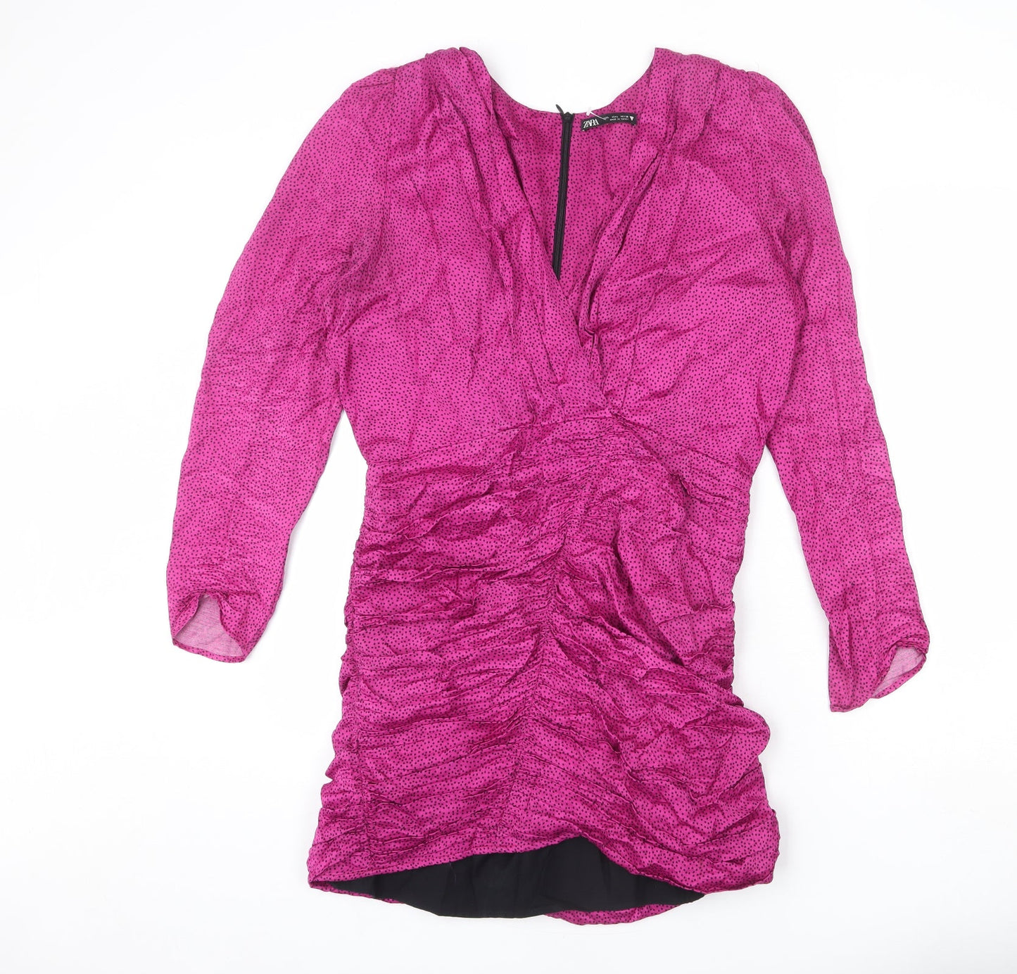 Zara Womens Pink Polka Dot Viscose Sheath Size L V-Neck Zip - Ruffle Detail