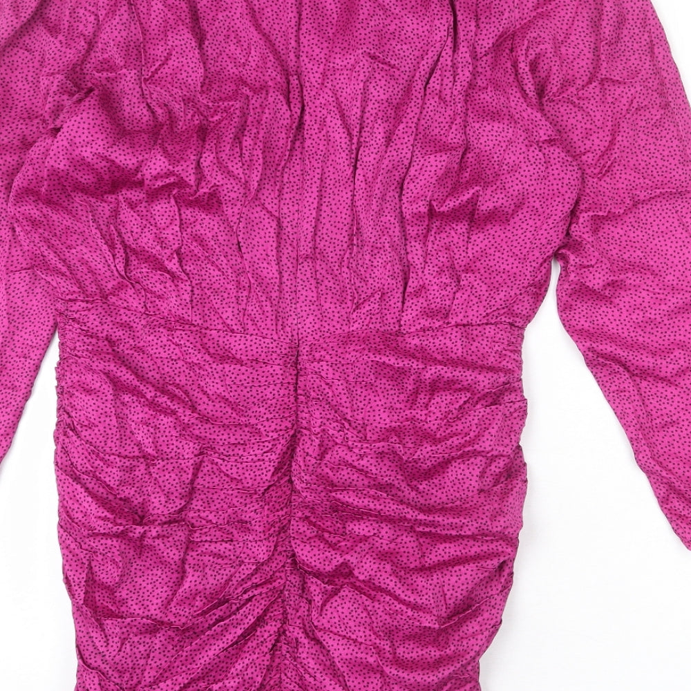 Zara Womens Pink Polka Dot Viscose Sheath Size L V-Neck Zip - Ruffle Detail