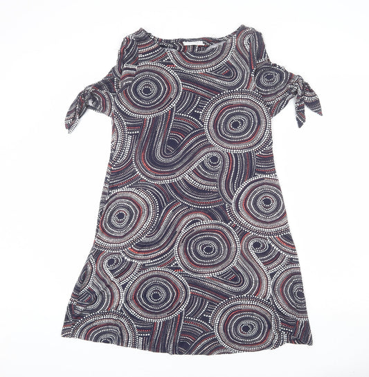 Wallis Womens Multicoloured Geometric Viscose A-Line Size 10 Boat Neck Pullover - Tie Detail