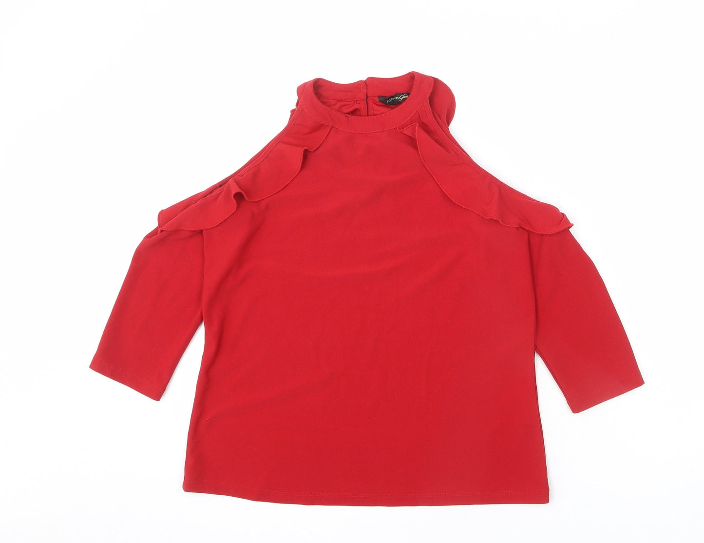 Forever Glam Womens Red Polyester Basic Blouse Size M Round Neck - Ruffle Detail