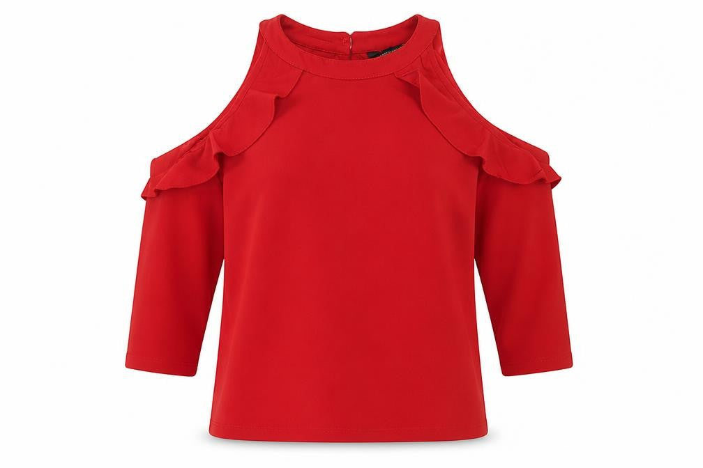 Forever Glam Womens Red Polyester Basic Blouse Size M Round Neck - Ruffle Detail