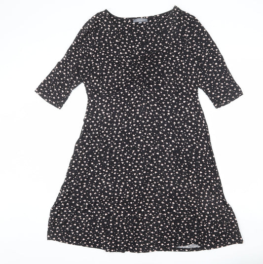 Principles Womens Black Geometric Viscose A-Line Size 14 V-Neck Pullover - Heart Print