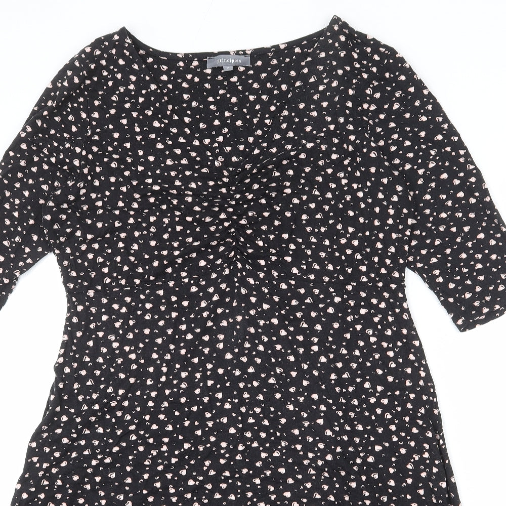 Principles Womens Black Geometric Viscose A-Line Size 14 V-Neck Pullover - Heart Print