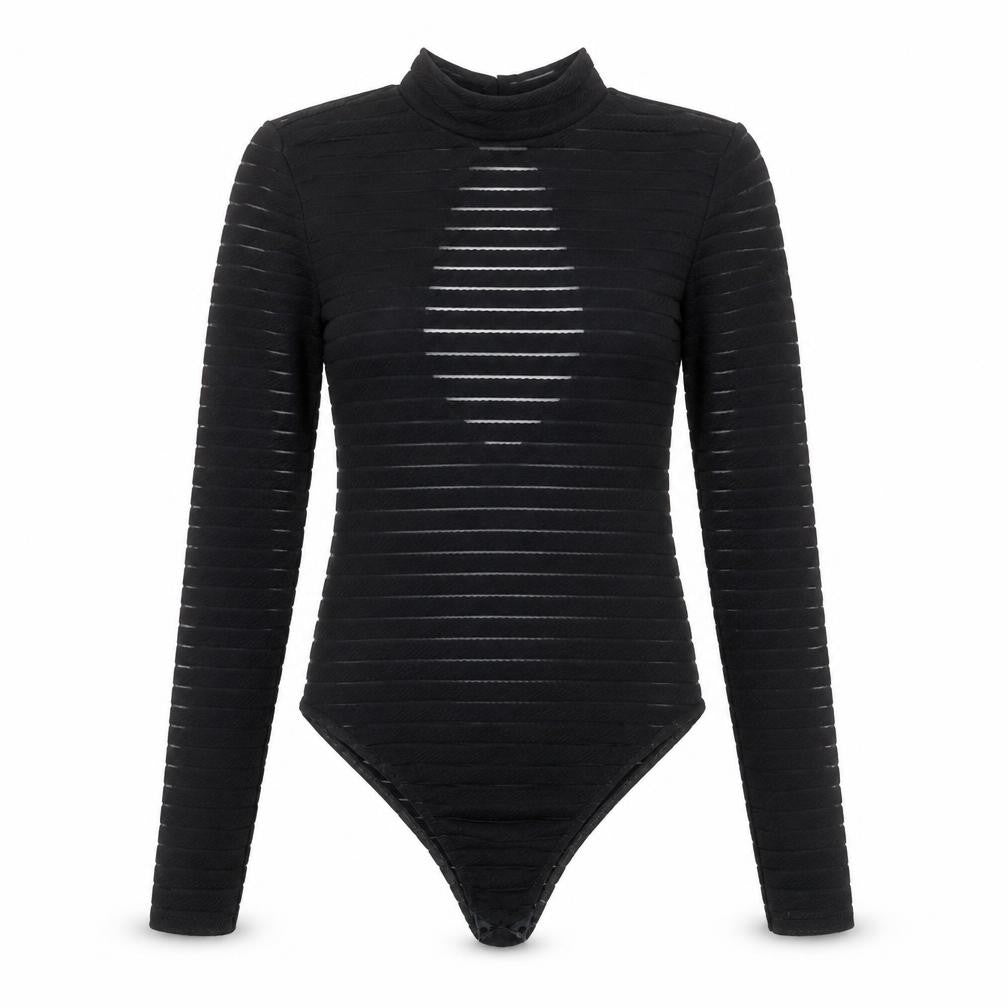 I SAW IT FIRST Womens Black Striped Polyester Bodysuit One-Piece Size 6 Snap - Cut Out Back Detail