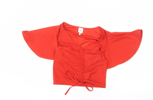 River Island Womens Red Polyester Cropped T-Shirt Size 10 V-Neck - Ruched Front, Tie Detail