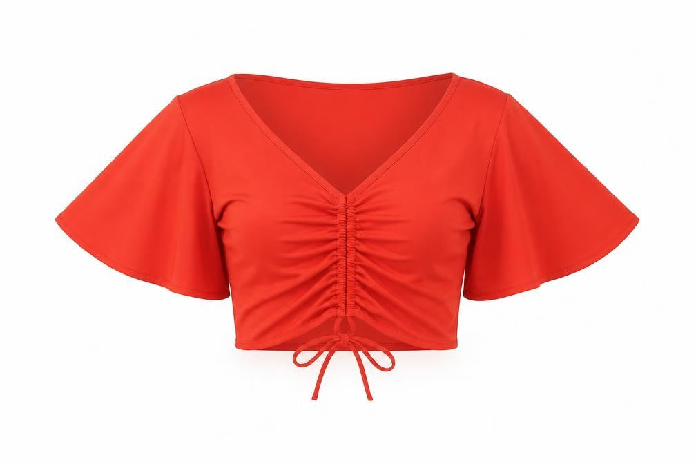 River Island Womens Red Polyester Cropped T-Shirt Size 10 V-Neck - Ruched Front, Tie Detail