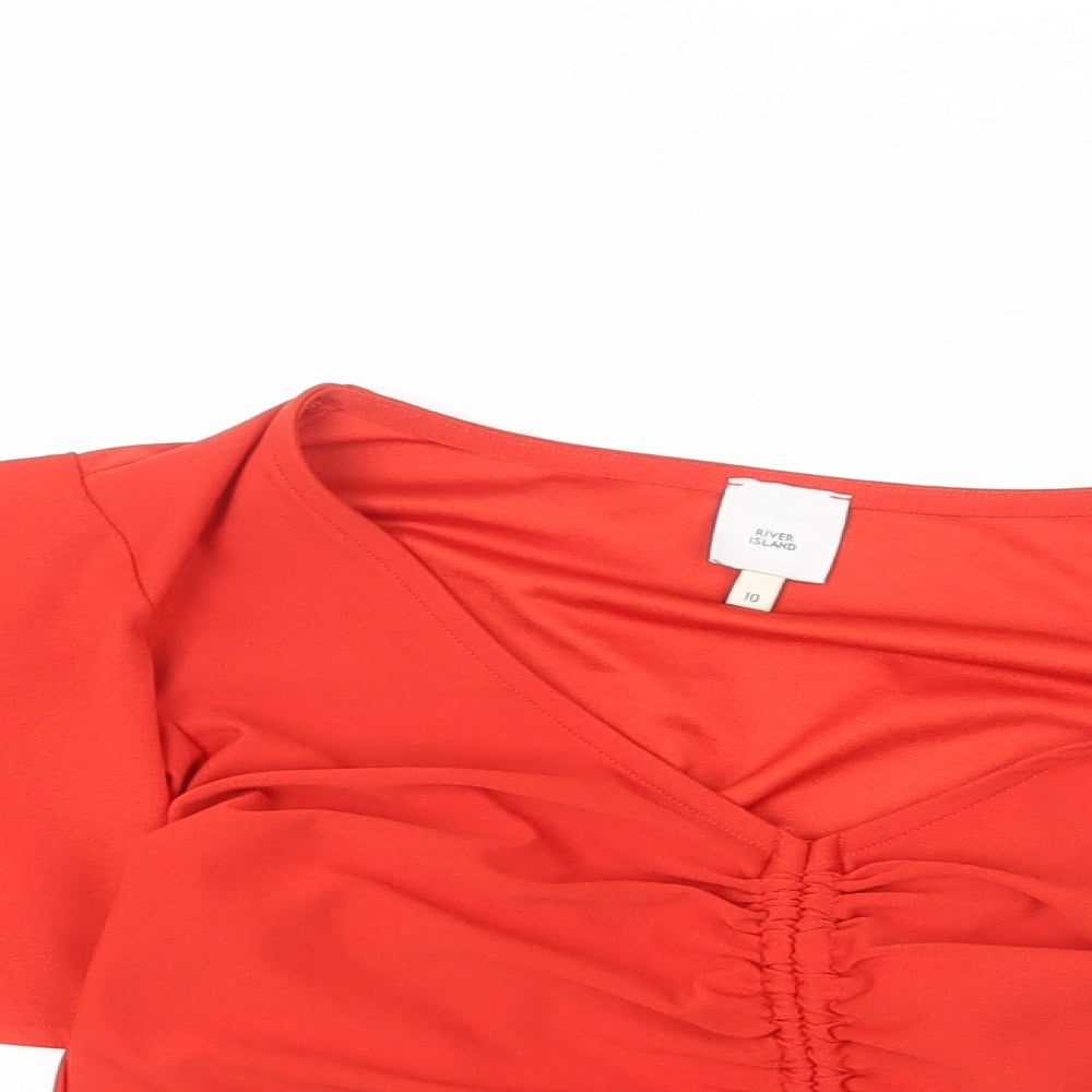 River Island Womens Red Polyester Cropped T-Shirt Size 10 V-Neck - Ruched Front, Tie Detail