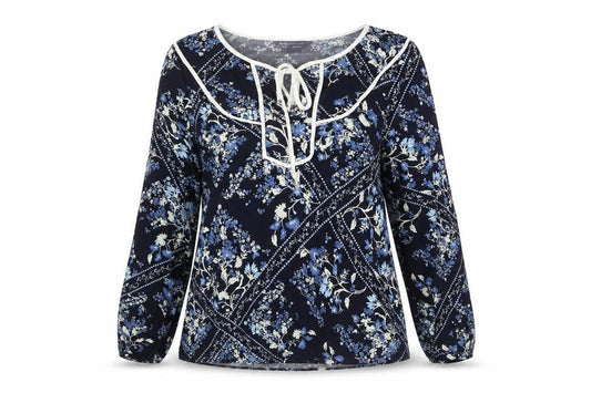 Marks and Spencer Womens Blue Floral Viscose Basic Blouse Size 10 Round Neck - Keyhole Cut Out