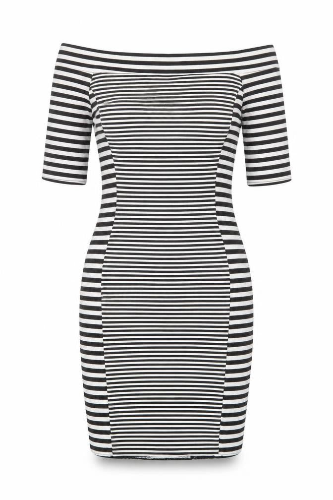 River Island Womens Black Striped Polyester Bodycon Size 10 Off the Shoulder Pullover