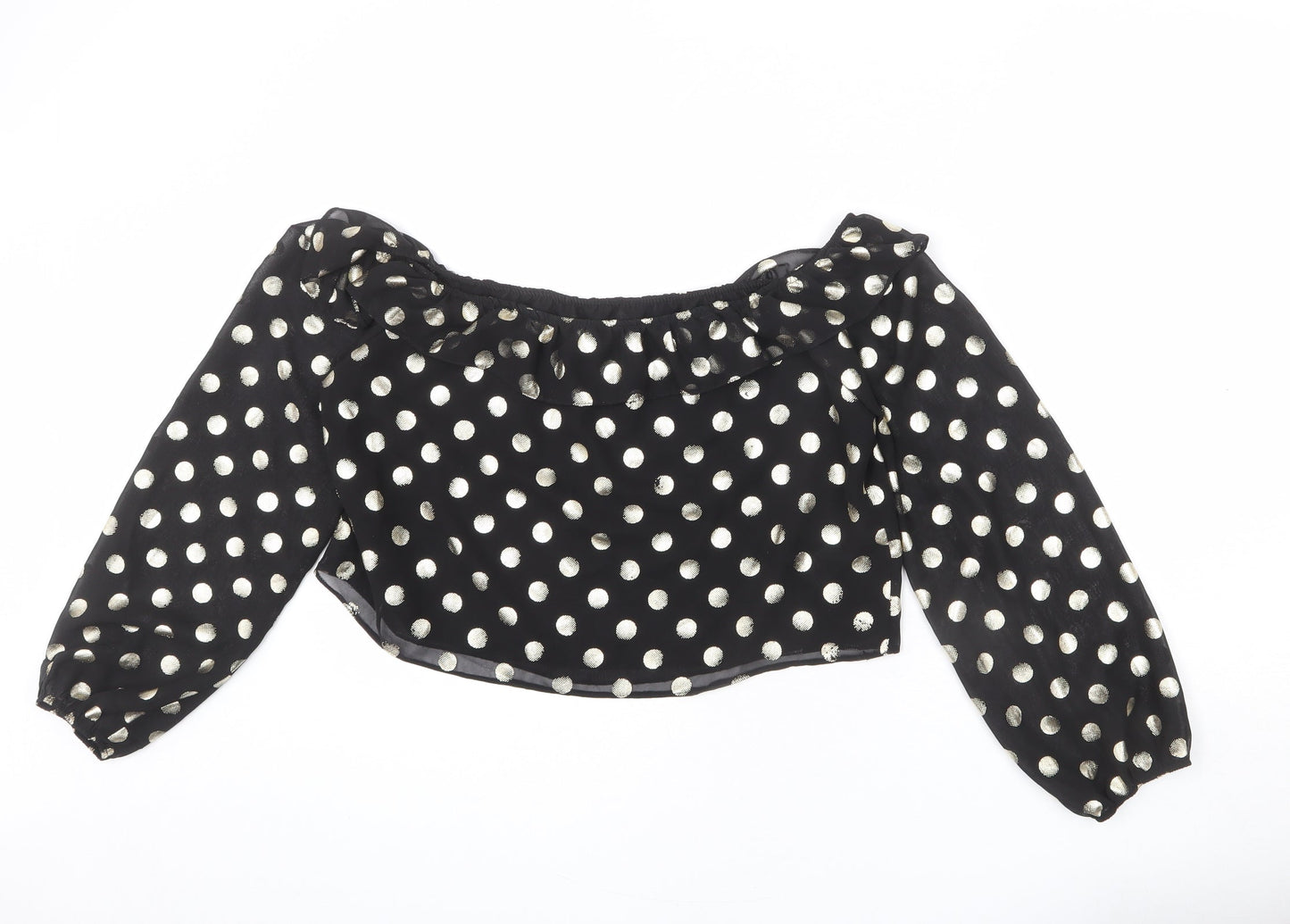 NEXT Womens Black Polka Dot Polyester Cropped Blouse Size 12 Off the Shoulder - Ruffle Detail