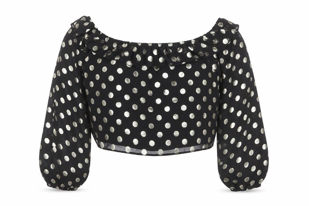 Next Womens Black Polka Dot Polyester Cropped Blouse Size 12 Off the Shoulder - Ruffle Detail
