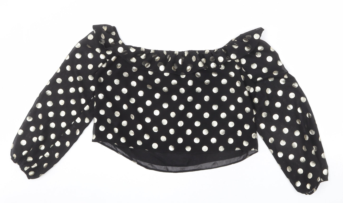 NEXT Womens Black Polka Dot Polyester Cropped Blouse Size 12 Off the Shoulder - Ruffle Detail