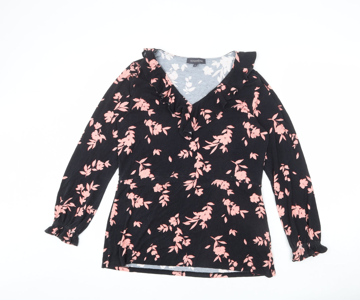 SOSANDAR Womens Black Floral Viscose Basic T-Shirt Size 16 V-Neck - Ruffle Detail