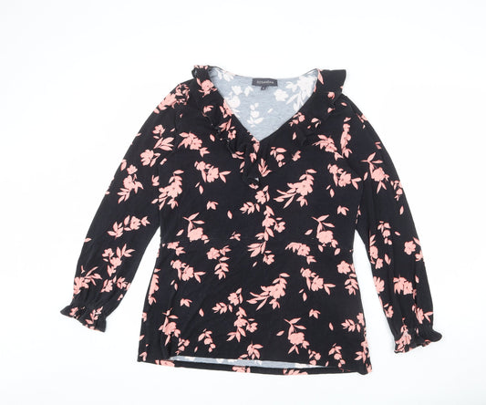 SOSANDAR Womens Black Floral Viscose Basic T-Shirt Size 16 V-Neck - Ruffle Detail