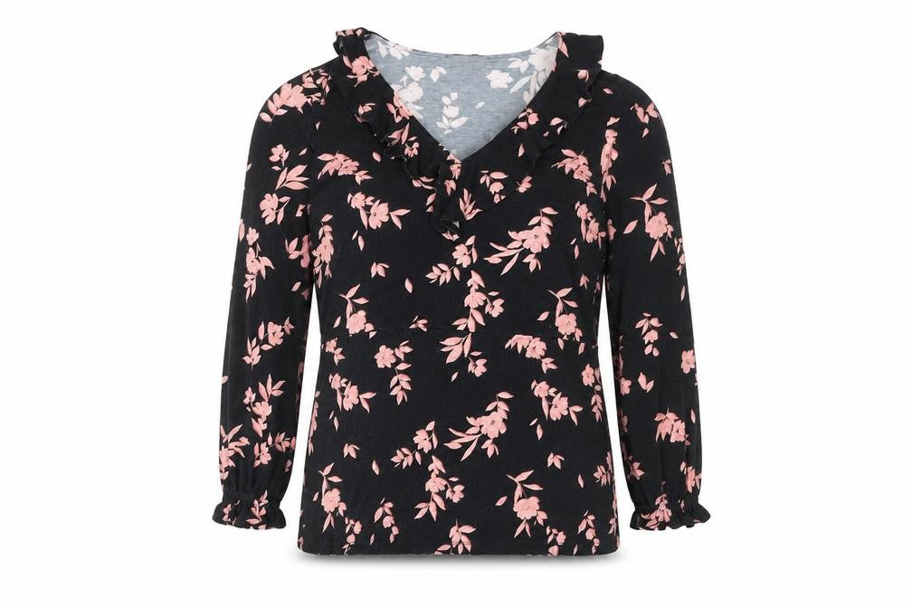 Sonsandar Womens Black Floral Viscose Basic T-Shirt Size 16 V-Neck - Ruffle Detail