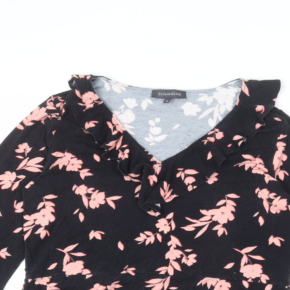 SOSANDAR Womens Black Floral Viscose Basic T-Shirt Size 16 V-Neck - Ruffle Detail