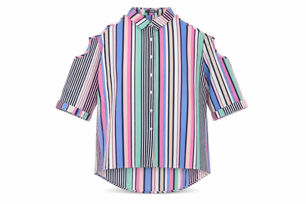 Quiz Womens Multicoloured Striped Polyester Basic Button-Up Size 12 Collared - Cold Shoulder