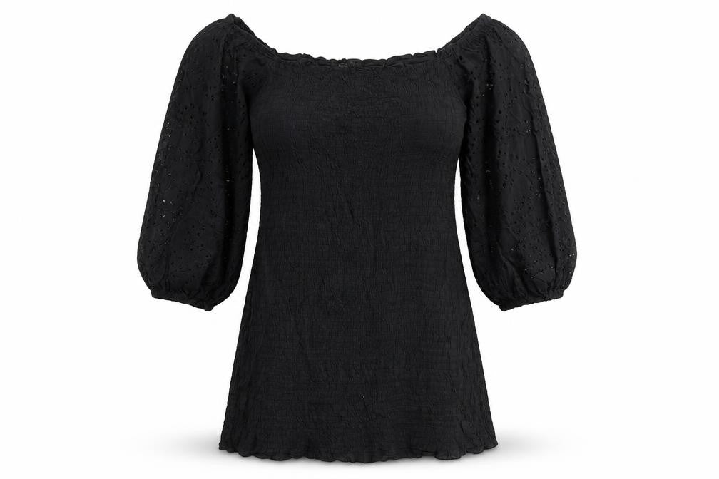 Boohoo Womens Black Cotton Mini Size 8 Off the Shoulder Pullover - Broderie Anglaise, Shirred