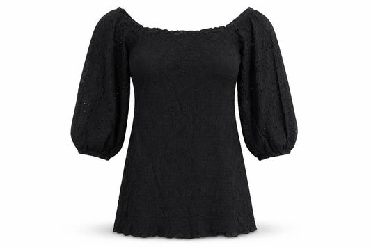 Boohoo Womens Black Cotton Mini Size 8 Off the Shoulder Pullover - Broderie Anglaise, Shirred