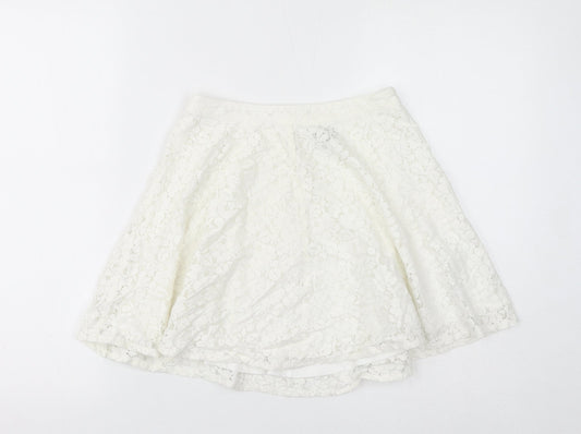 Topshop Womens White Cotton Flare Skirt Size 8 Zip - Lace Overlay