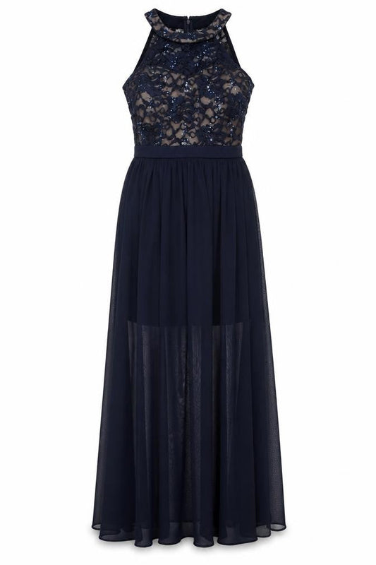 Morgan & Co. Womens Blue Nylon A-Line Size 6 Halter Zip - Sheer, Sequins, Mesh