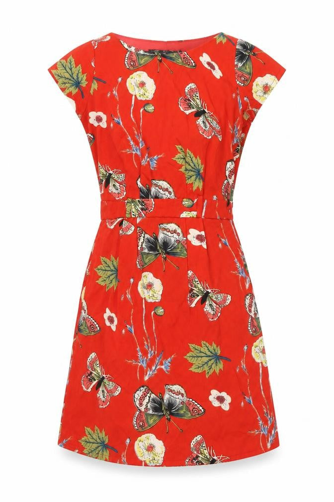Mela London Womens Red Floral Polyester A-Line Size 8 Round Neck Zip - Butterflies