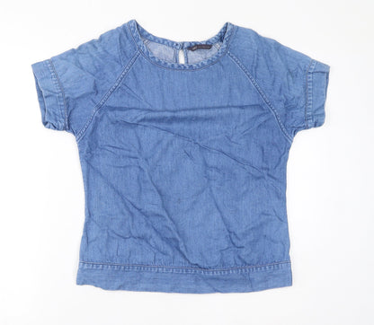 Marks & Spencer Womens Blue Cotton Basic Blouse Size 8 Round Neck