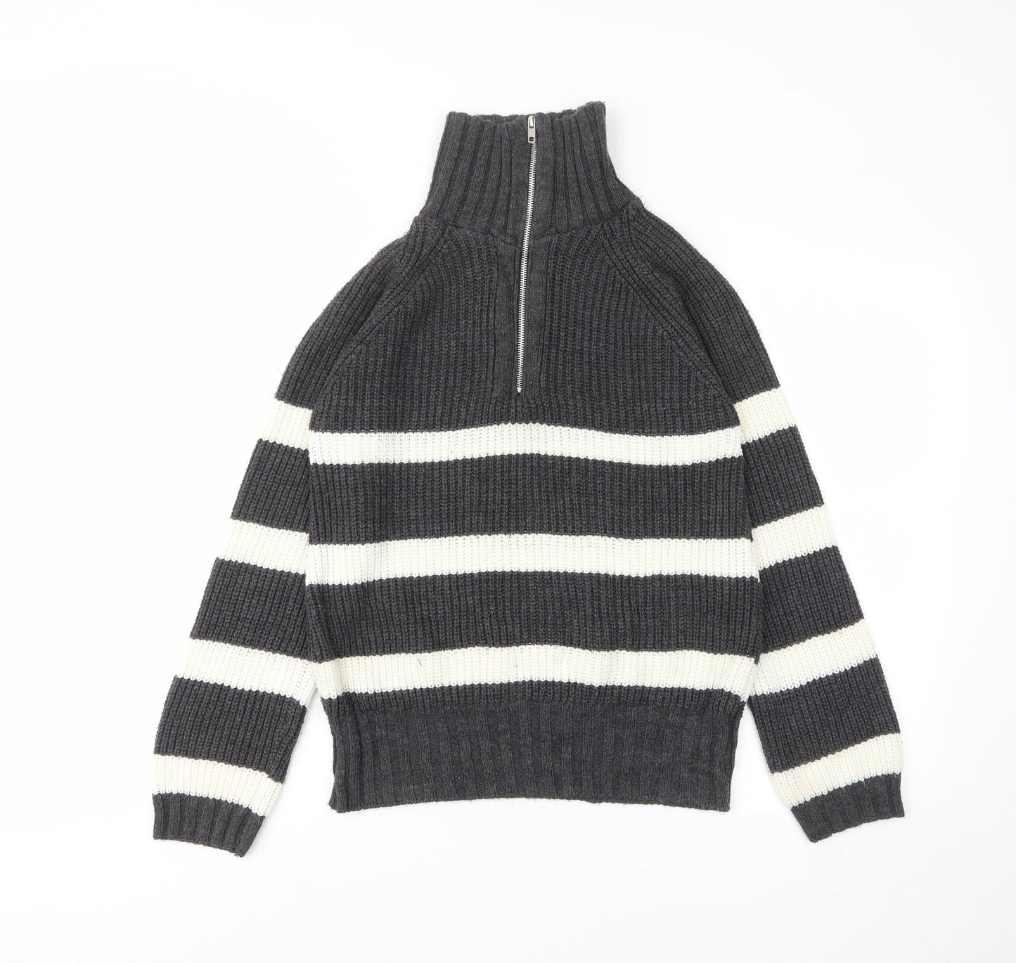 PRETTYLITTLETHING Womens Grey High Neck Striped Acrylic Pullover Jumper Size XS - 1/2 Zip
