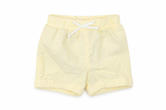 Front view of Marks & Spencer girls’ yellow plaid cotton cropped trousers, size 3-6, months drawstring