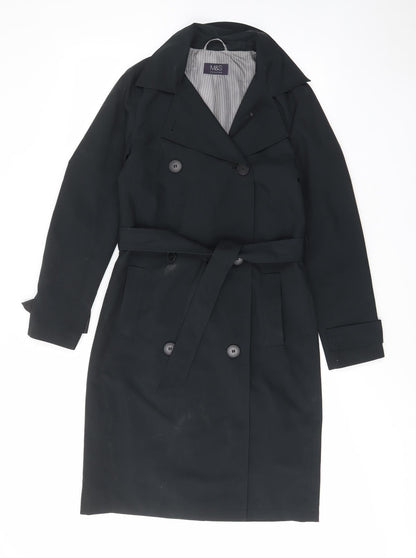 Marks & Spencer Womens Black Overcoat Jacket Size 8 Button - Pockets, Belted