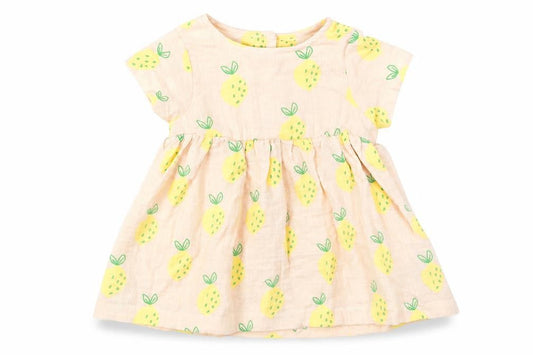 Marks & Spencer Girls Beige Geometric Cotton A-Line Size 0-3 Months Crew Neck Button - Lemon Print