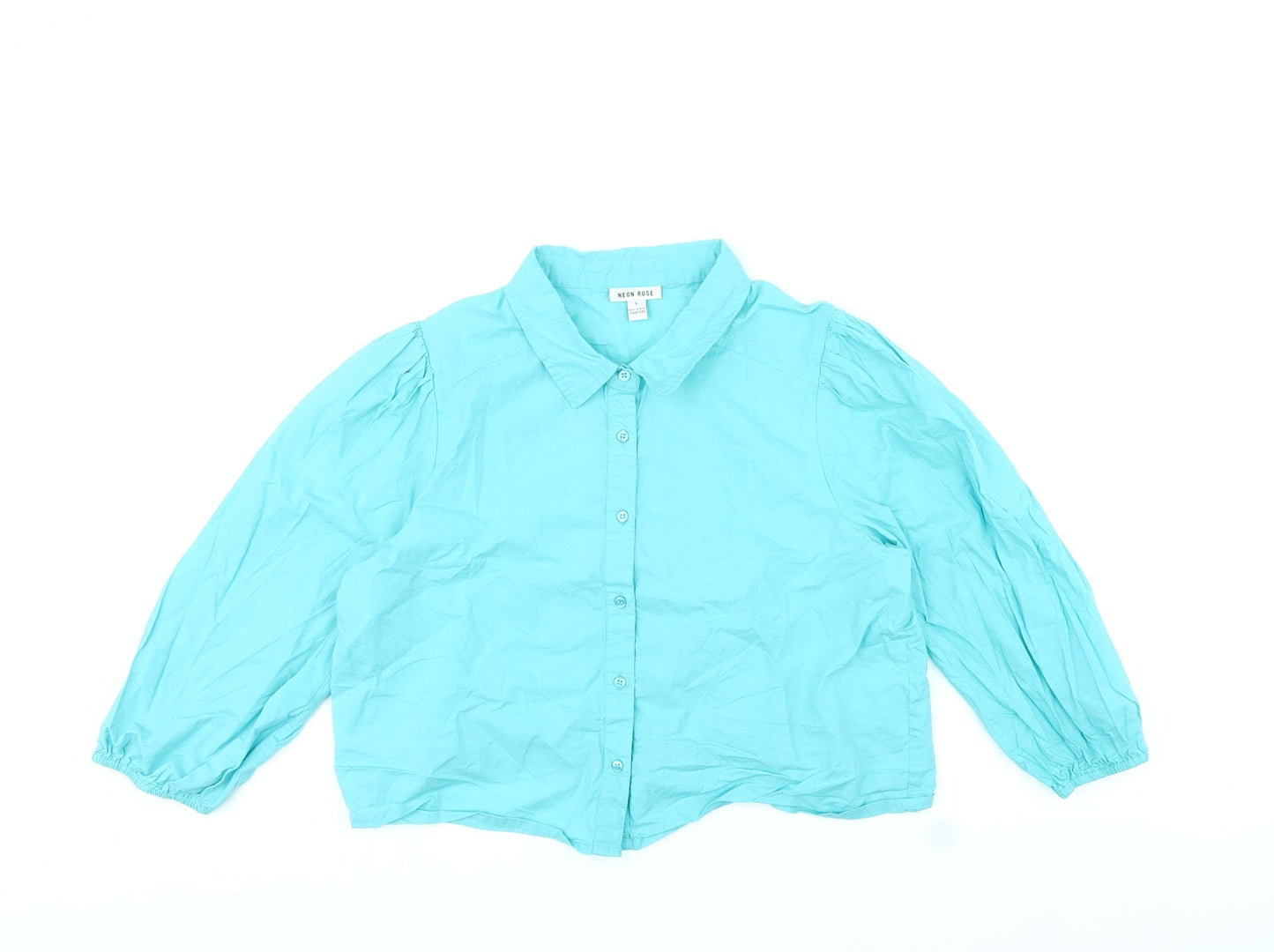 Neon Rose Womens Blue Cotton Cropped Blouse Size L Collared