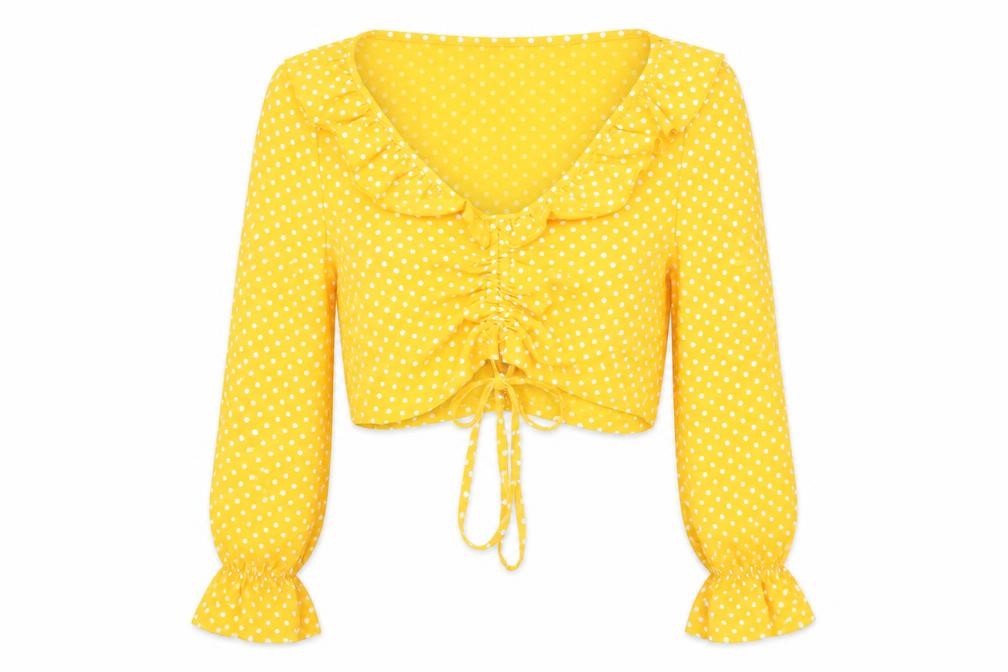 Boohoo Womens Yellow Polka Dot Polyester Cropped Blouse Size 8 V-Neck