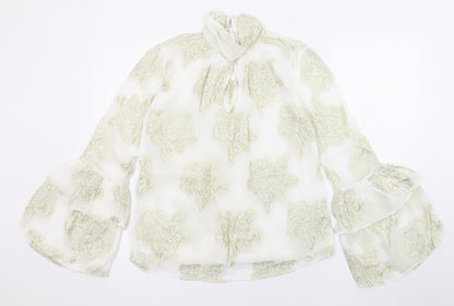 Additional front view of Miss Selfridge women’s white floral viscose basic blouse, halter - flared and layered sleeves