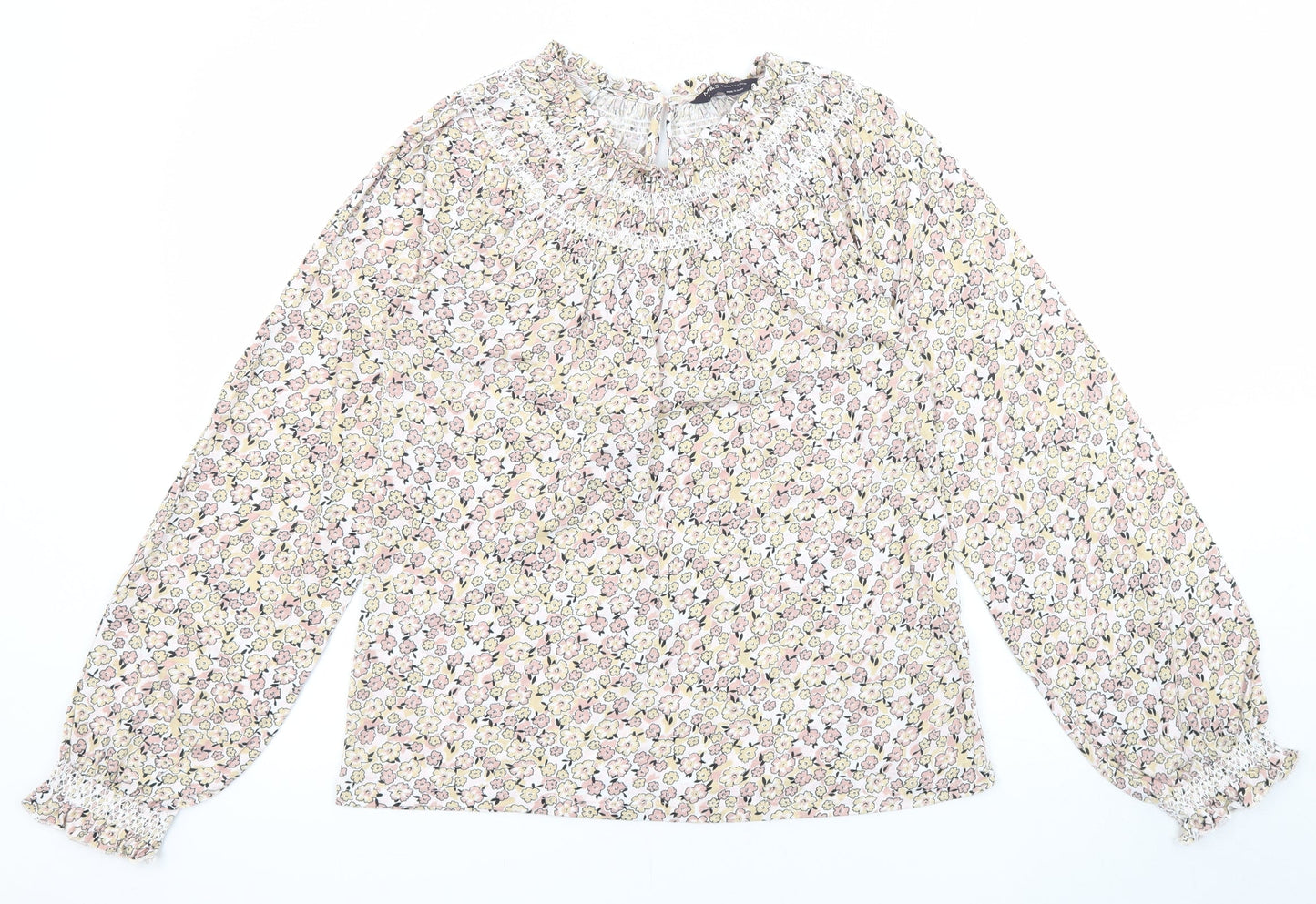 Marks and Spencer Womens Multicoloured Floral Cotton Basic T-Shirt Size 6 V-Neck - Balloon sleeves