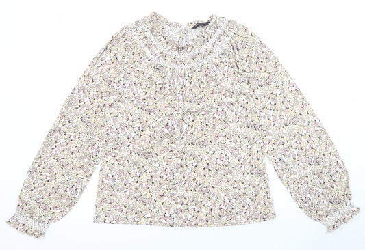 Marks and Spencer Womens Multicoloured Floral Cotton Basic T-Shirt Size 6 V-Neck - Balloon sleeves