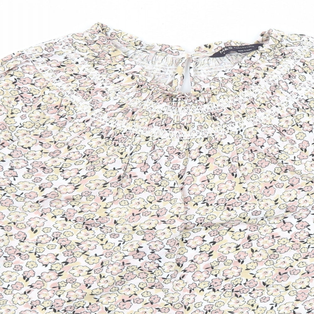 Marks and Spencer Womens Multicoloured Floral Cotton Basic T-Shirt Size 6 V-Neck - Balloon sleeves
