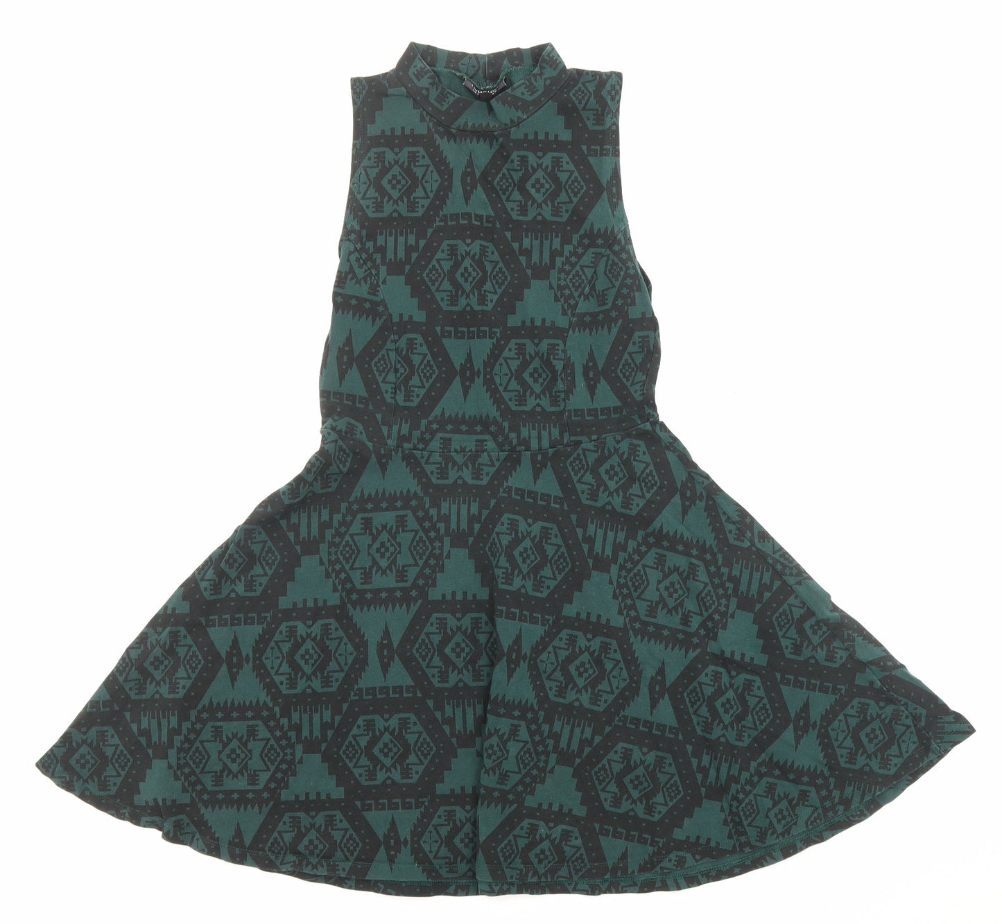 Topshop Womens Green Geometric Cotton Fit & Flare Size 10 Halter Pullover