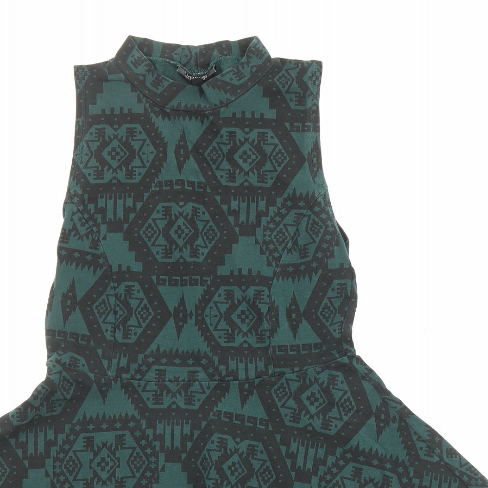 Topshop Womens Green Geometric Cotton Fit & Flare Size 10 Halter Pullover
