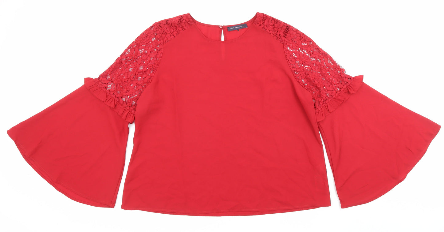 Marks and Spencer Womens Red Polyester Basic Blouse Size 20 Scoop Neck - Flared sleeves
