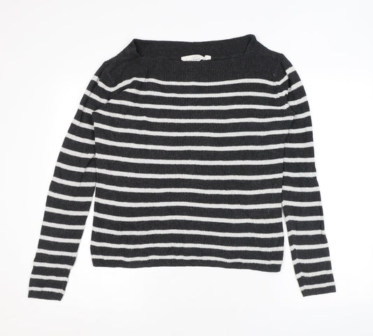 H&M Womens Grey Square Neck Striped Cotton Pullover Jumper Size M