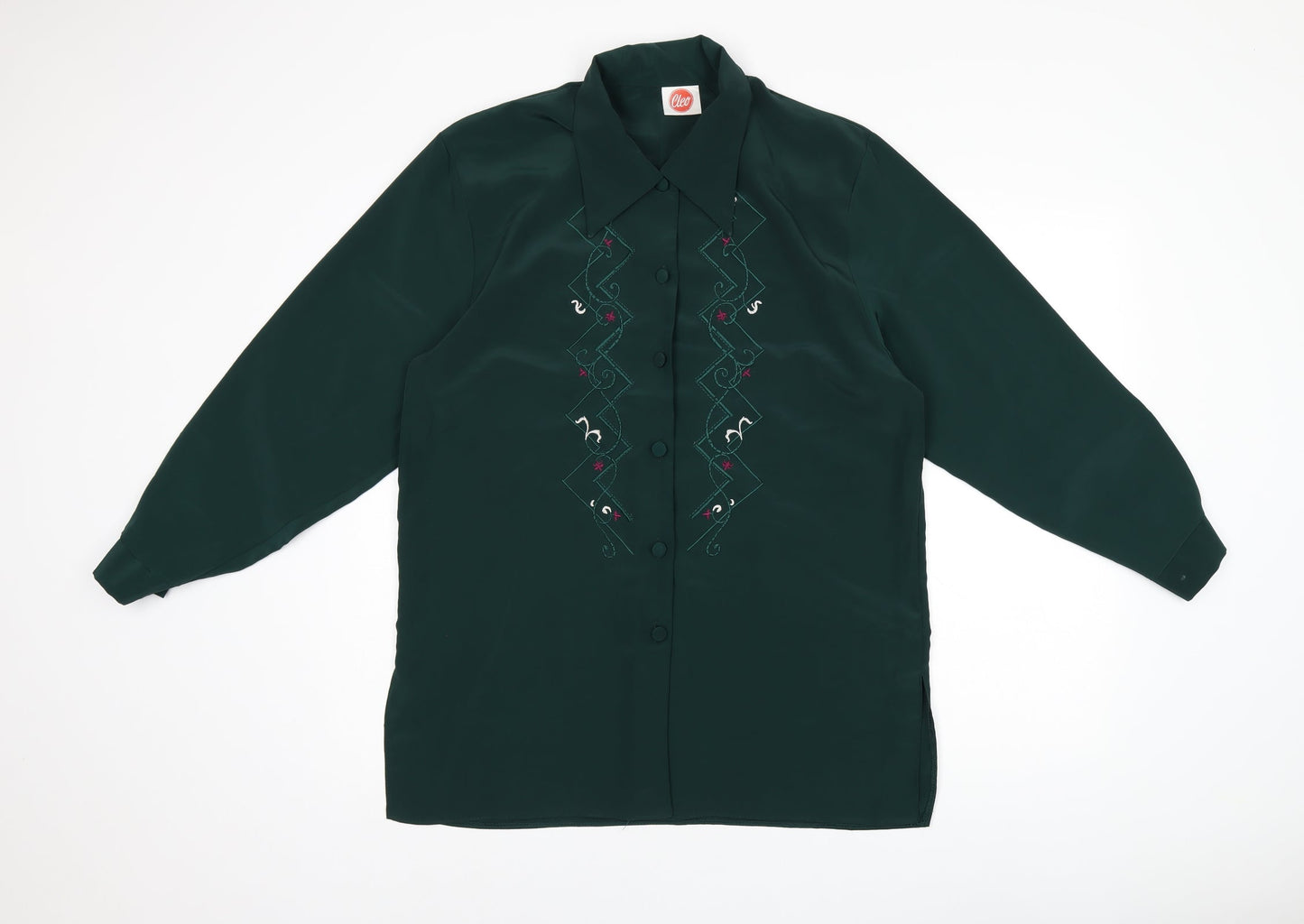 Cleo Womens Green Geometric Polyester Basic Button-Up Size 10 Collared - Embroidery