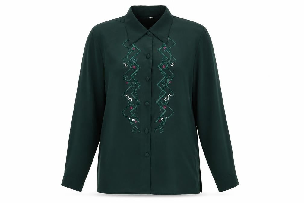 Cleo Womens Green Geometric Polyester Basic Button-Up Size 10 Collared - Embroidery